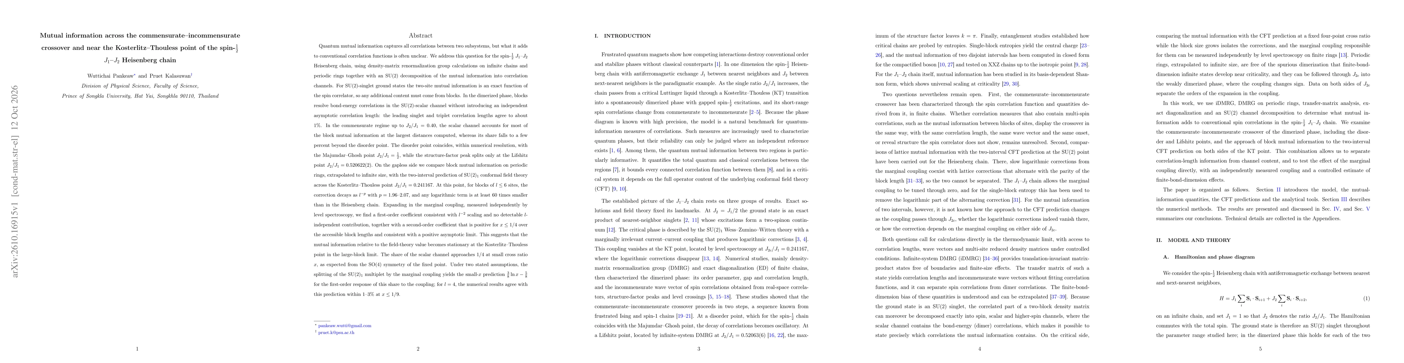 Thumbnail for Mutual information across the commensurate--incommensurate crossover and near the Kosterlitz--Thouless point of the spin-$\tfrac12$ $J_1$--$J_2$ Heisenberg chain
