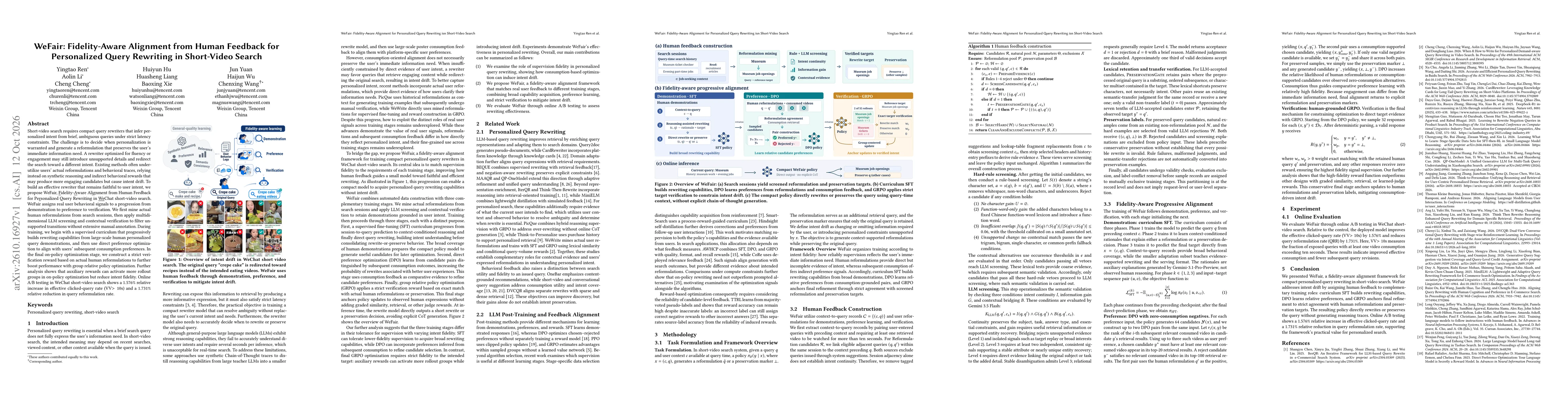 Thumbnail for WeFair: Fidelity-Aware Alignment from Human Feedback for Personalized Query Rewriting in Short-Video Search