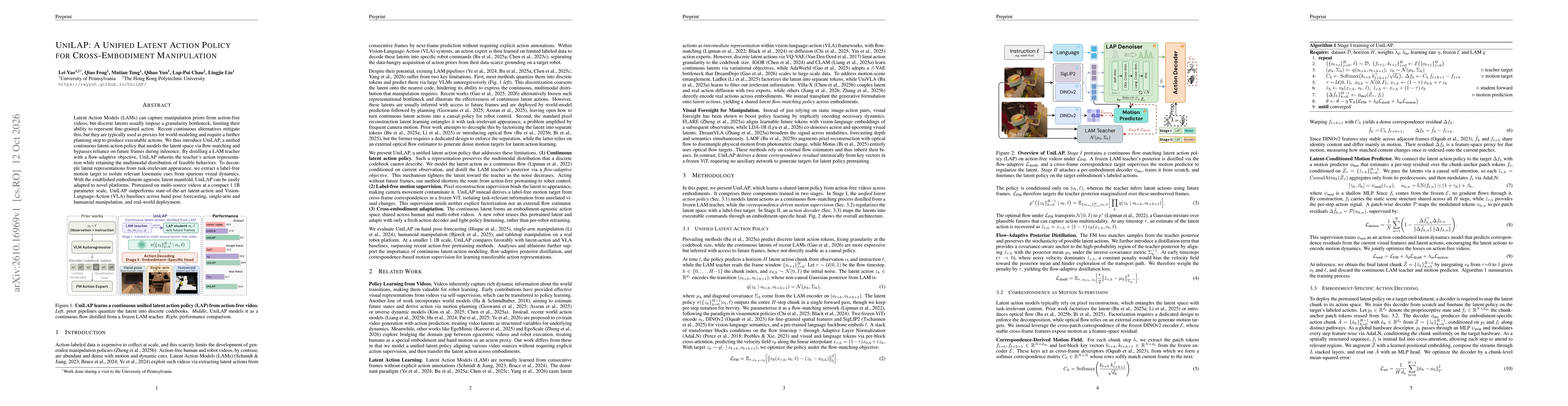 Thumbnail for UniLAP: A Unified Latent Action Policy for Cross-Embodiment Manipulation