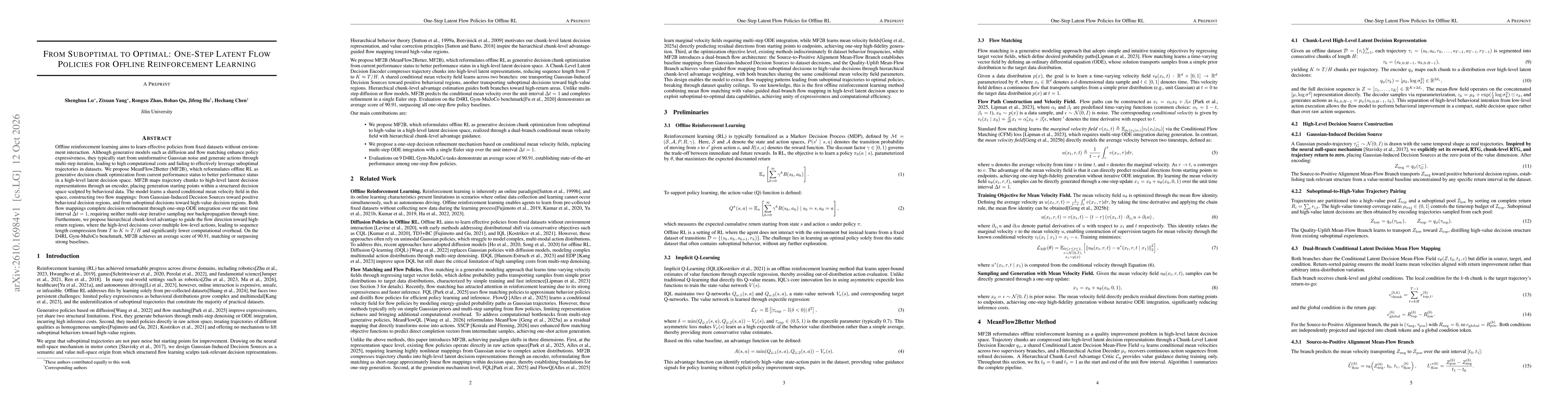 Thumbnail for From Suboptimal to Optimal: One-Step Latent Flow Policies for Offline Reinforcement Learning