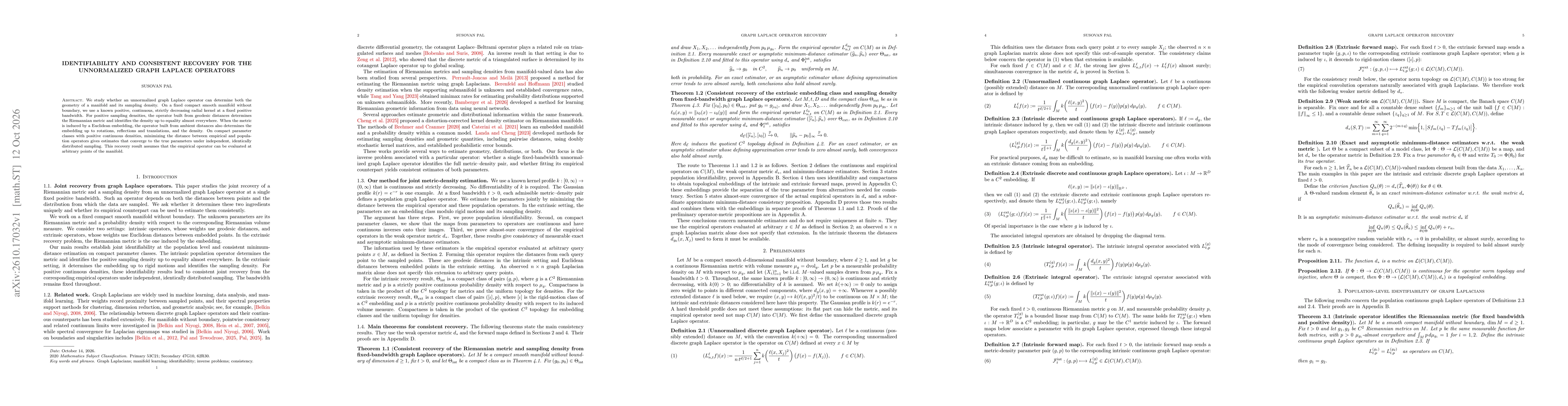 Thumbnail for Identifiability and Consistent Recovery for the Unnormalized Graph Laplace Operators