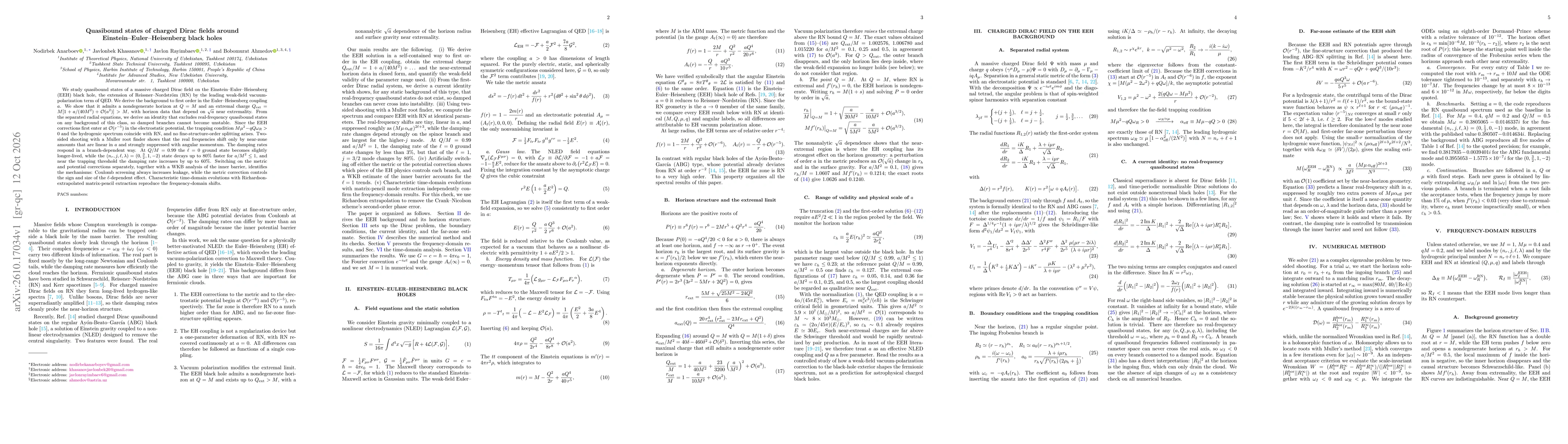 Thumbnail for Quasibound states of charged Dirac fields around Einstein-Euler-Heisenberg black holes