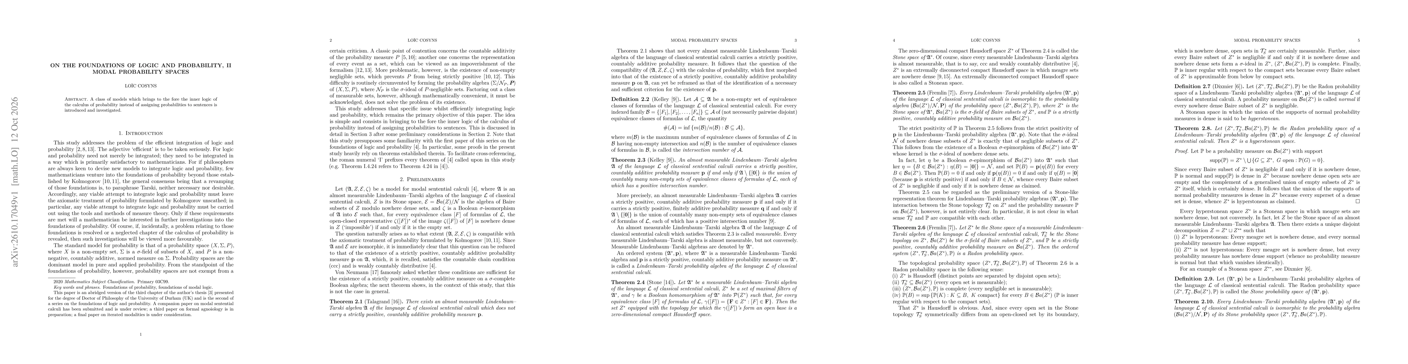 Thumbnail for On the foundations of logic and probability, II. Modal probability spaces
