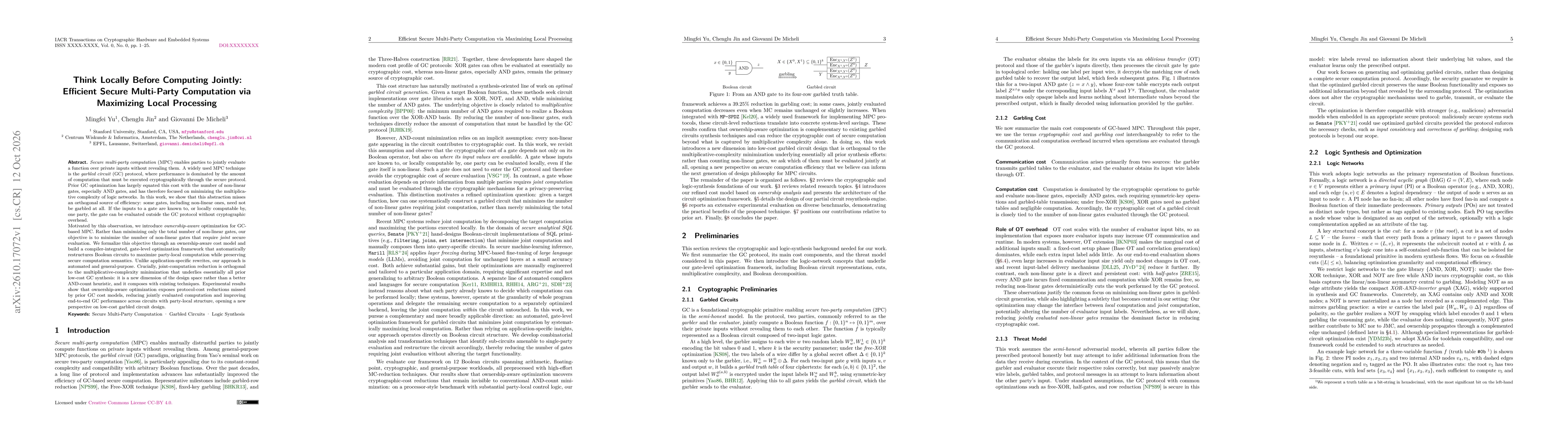 Thumbnail for Think Locally Before Computing Jointly: Efficient Secure Multi-Party Computation via Maximizing Local Processing