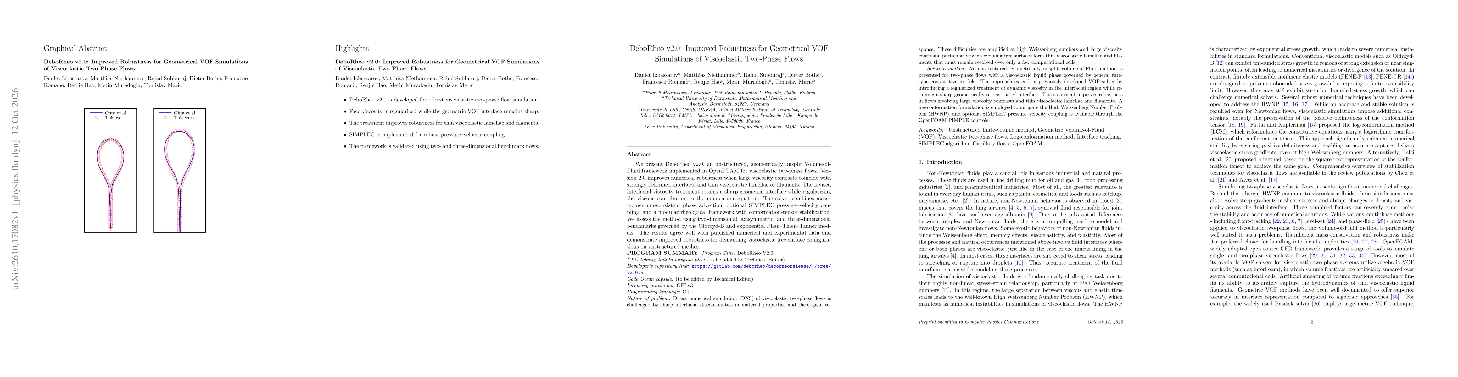 Thumbnail for DeboRheo v2.0: Improved Robustness for Geometrical VOF Simulations of Viscoelastic Two-Phase Flows