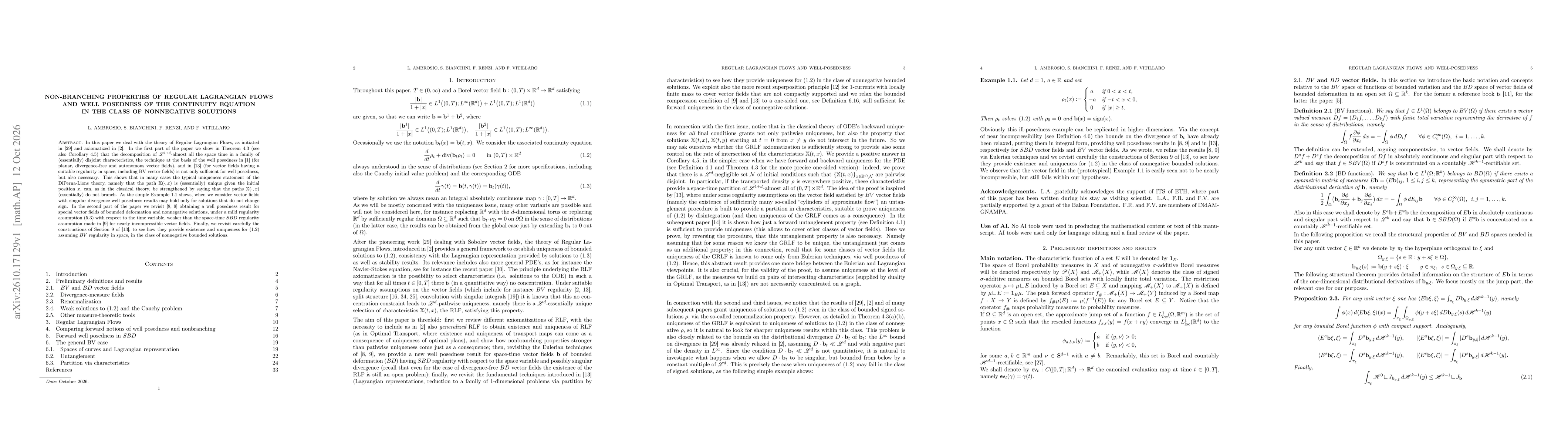 Thumbnail for Non-branching properties of Regular Lagrangian Flows and well posedness of the continuity equation in the class of nonnegative solutions