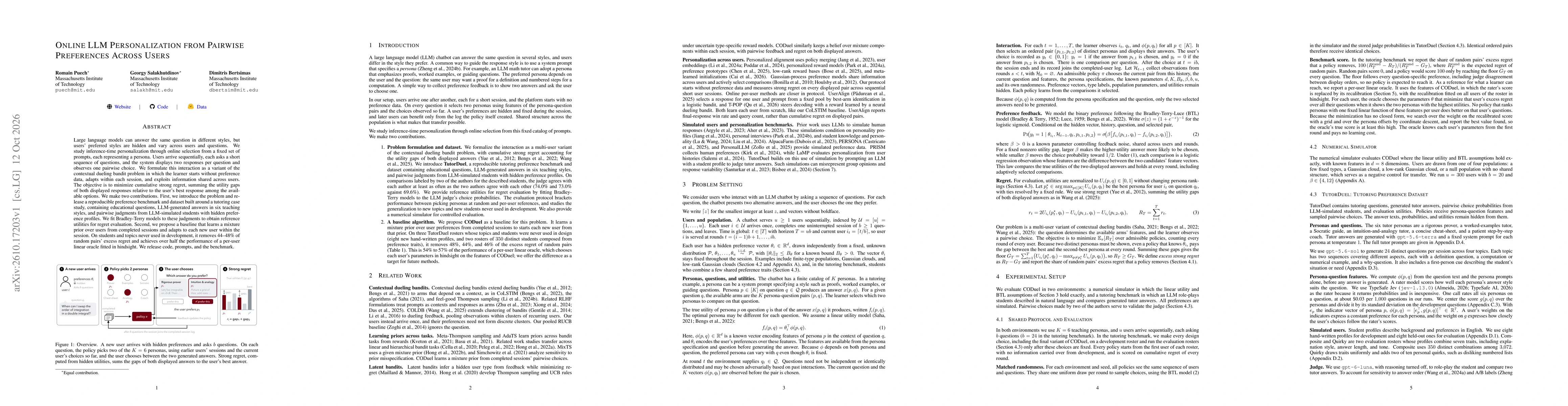 Thumbnail for Online LLM Personalization from Pairwise Preferences Across Users