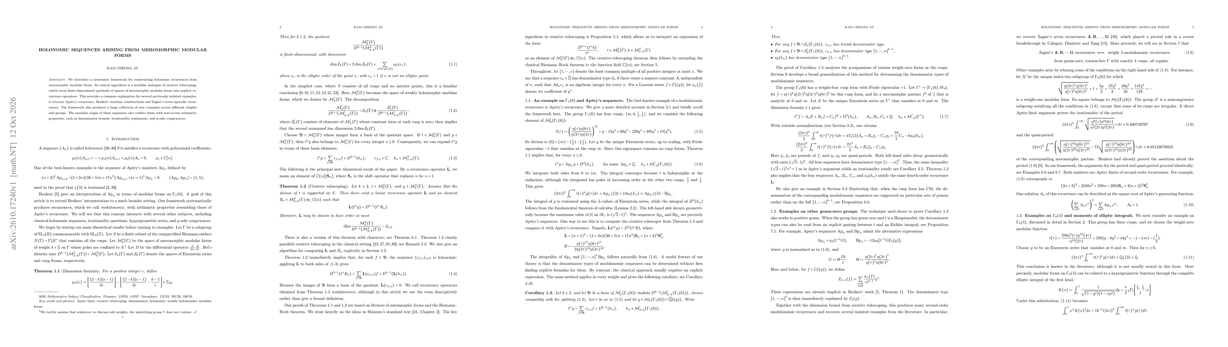 Thumbnail for Holonomic sequences arising from meromorphic modular forms