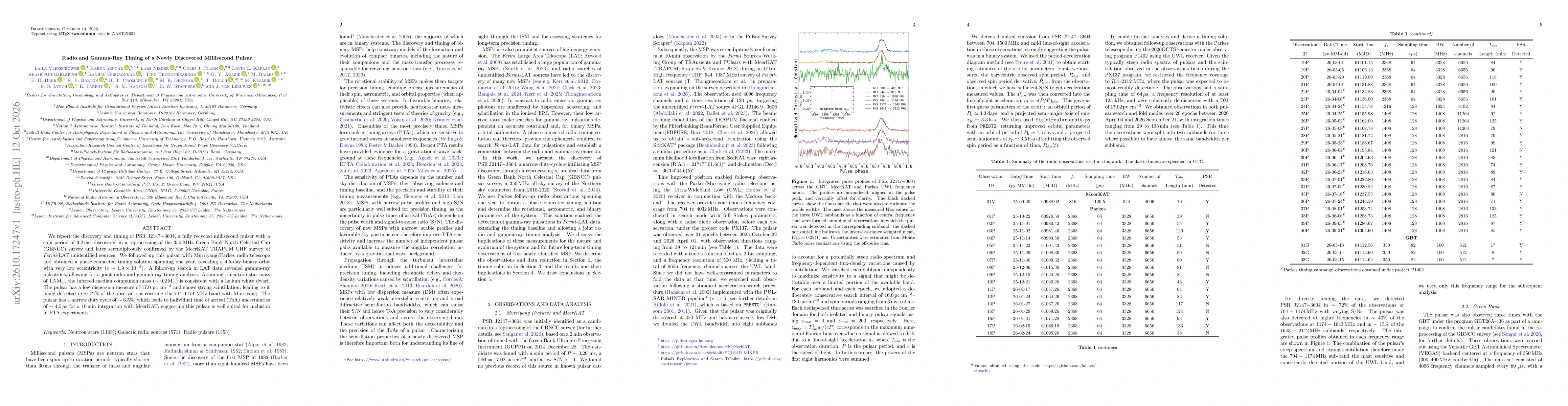 Thumbnail for Radio and Gamma-Ray Timing of a Newly Discovered Millisecond Pulsar