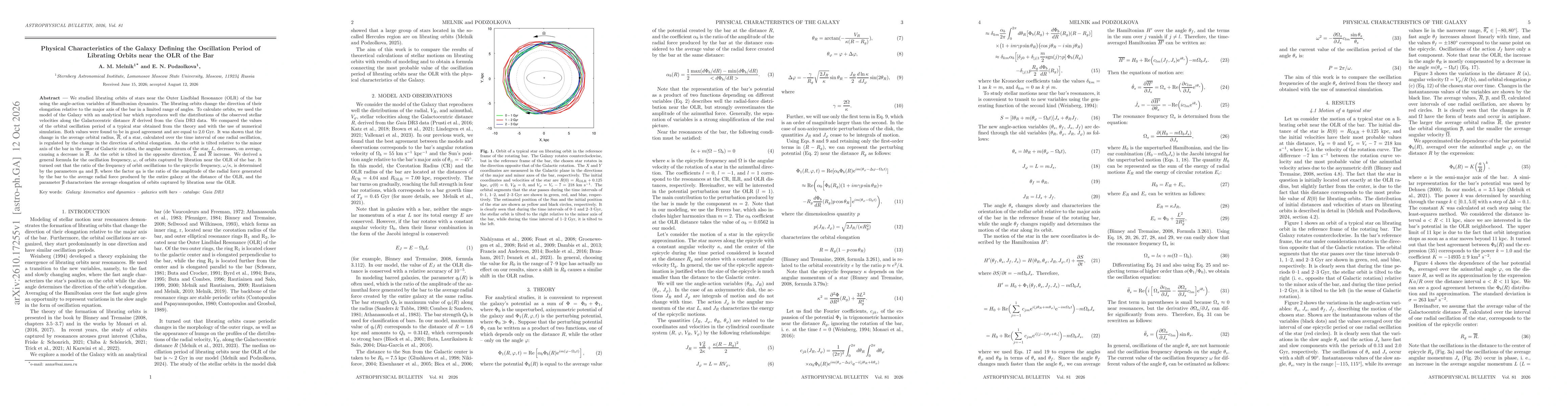 Thumbnail for Physical characteristics of the Galaxy defining the oscillation period of librating orbits near the OLR of the bar