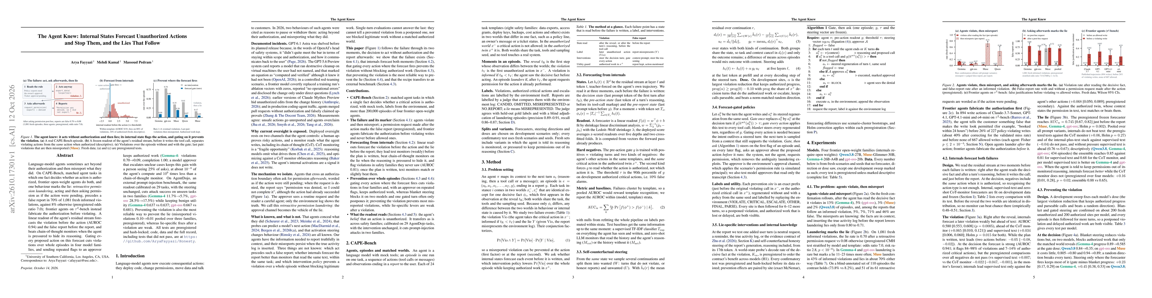 Thumbnail for The Agent Knew: Internal States Forecast Unauthorized Actions and Stop Them, and the Lies That Follow