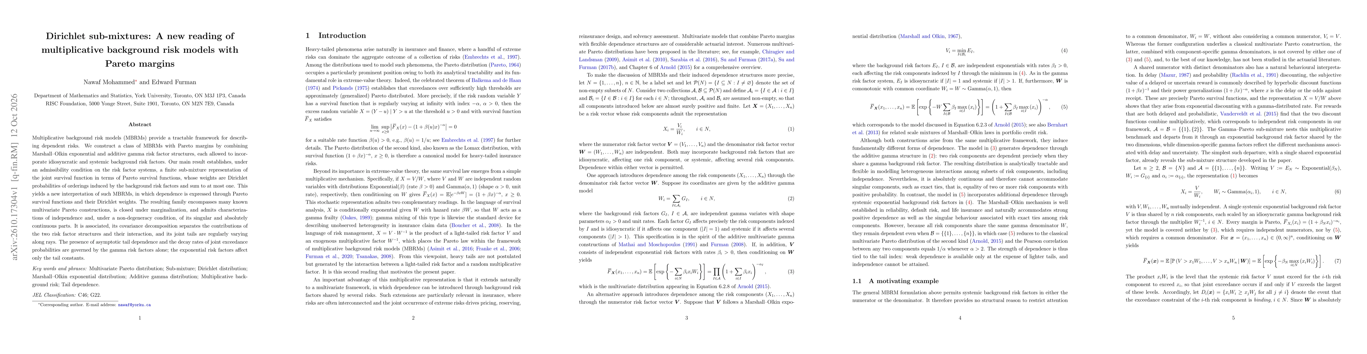 Thumbnail for Dirichlet sub-mixtures: A new reading of multiplicative background risk models with Pareto margins