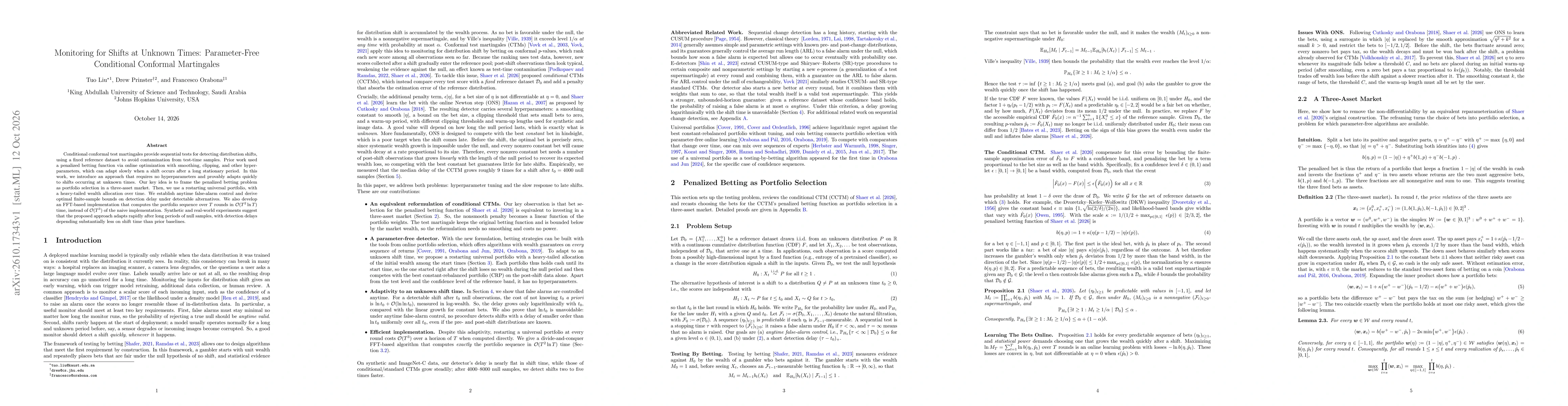 Thumbnail for Monitoring for Shifts at Unknown Times: Parameter-Free Conditional Conformal Martingales