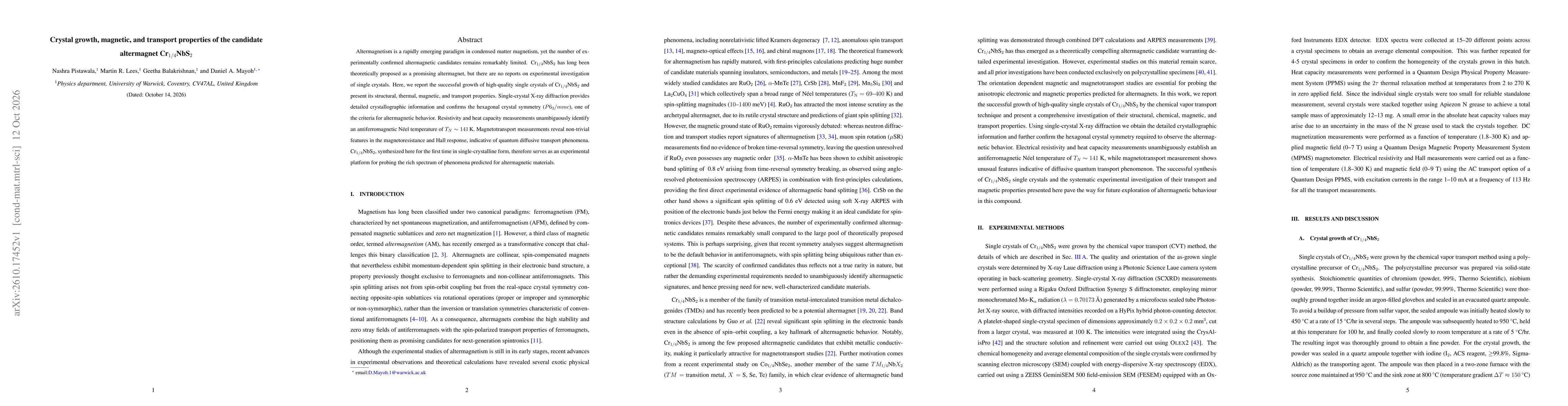 Thumbnail for Crystal growth, magnetic, and transport properties of the candidate altermagnet Cr$_{1/4}$NbS$_{2}$