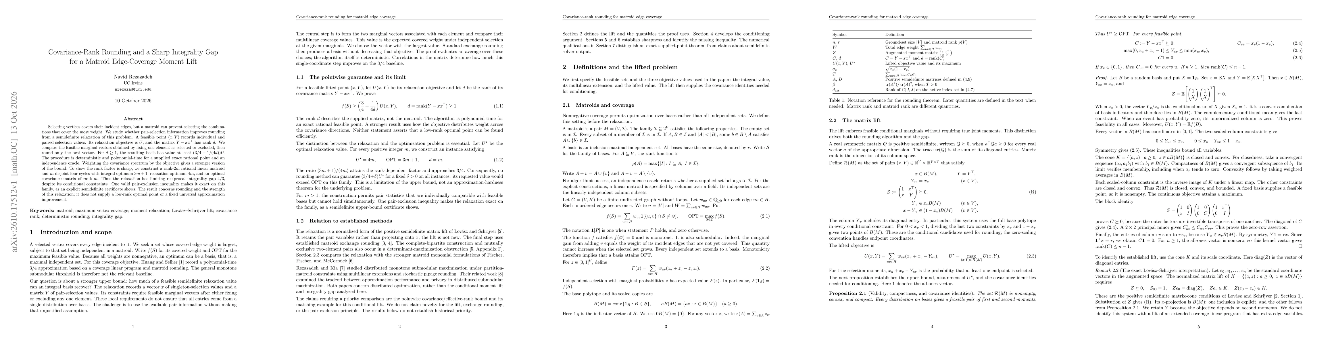 Thumbnail for Covariance-Rank Rounding and a Sharp Integrality Gap for a Matroid Edge-Coverage Moment Lift