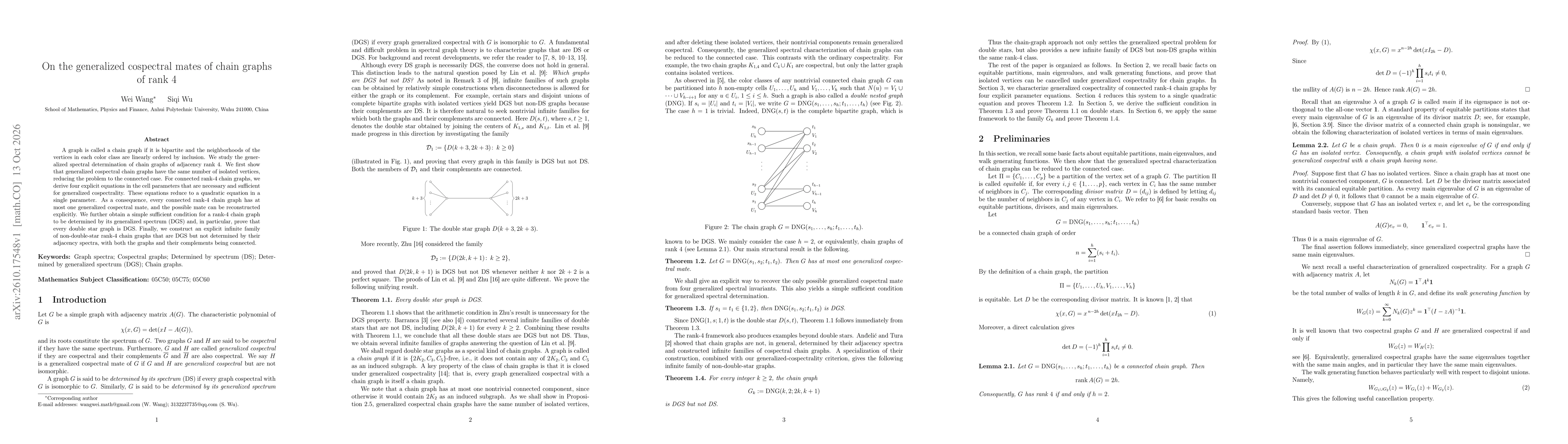 Thumbnail for On the generalized cospectral mates of chain graphs of rank 4