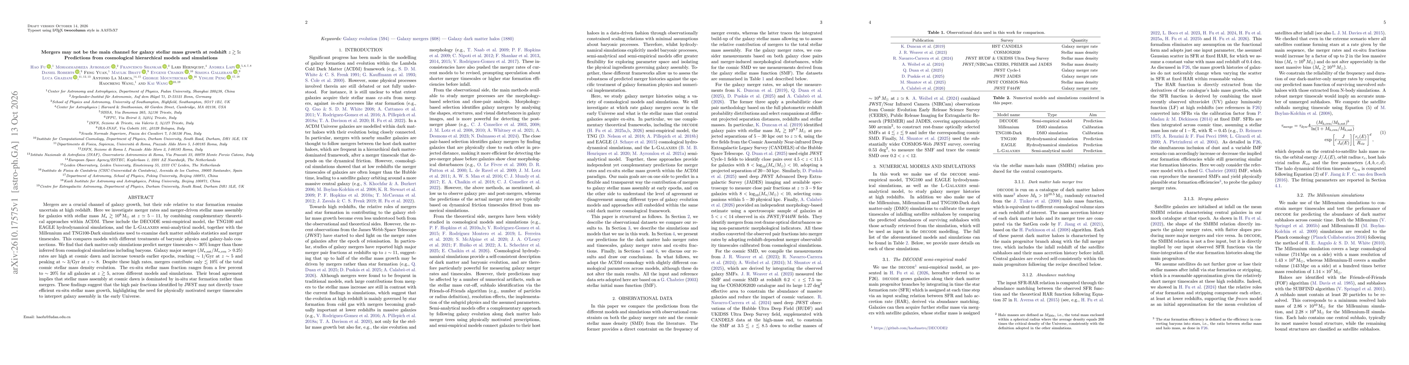Thumbnail for Mergers may not be the main channel for galaxy stellar mass growth at redshift $z\gtrsim5$: Predictions from cosmological hierarchical models and simulations