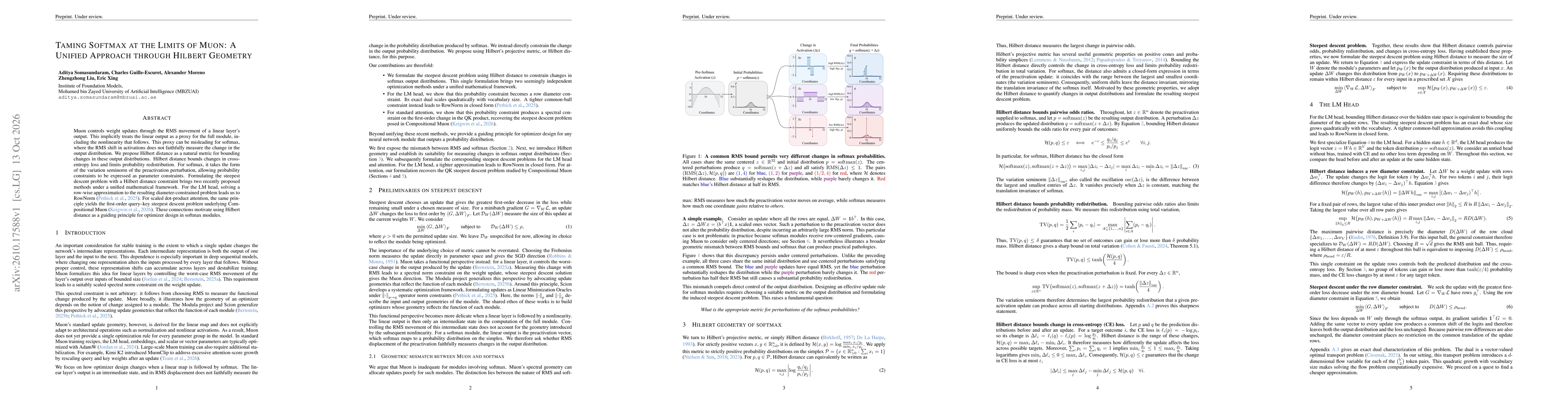 Thumbnail for Taming Softmax at the Limits of Muon: A Unified Approach through Hilbert Geometry