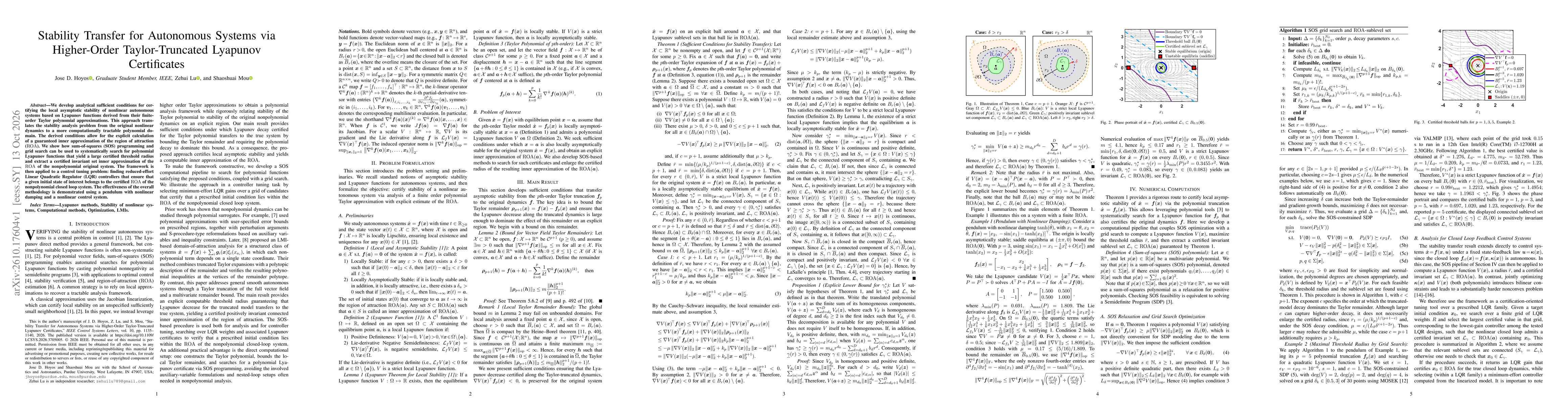 Thumbnail for Stability Transfer for Autonomous Systems via Higher-Order Taylor-Truncated Lyapunov Certificates