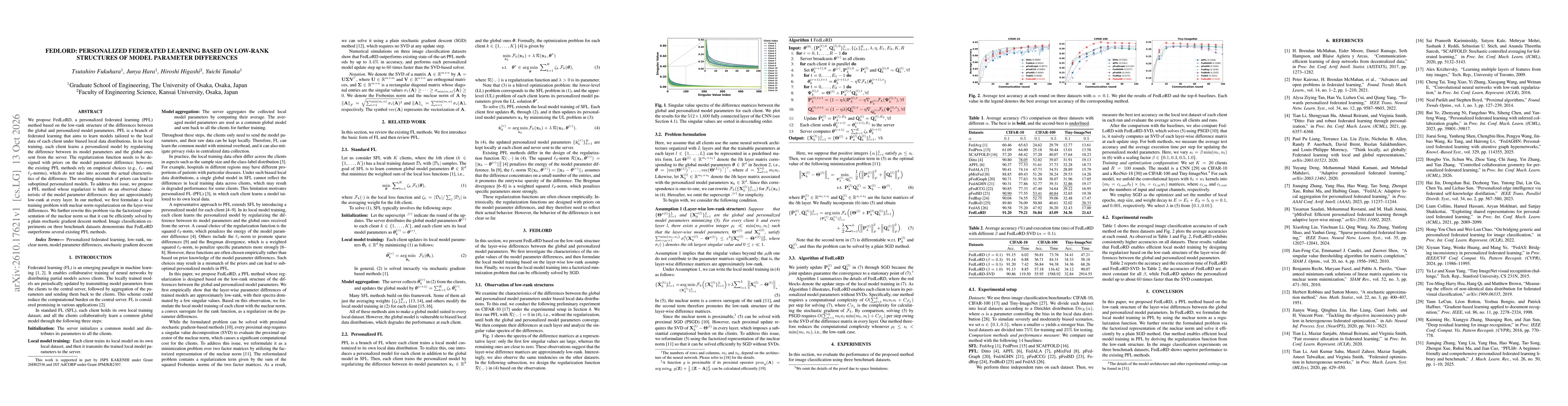 Thumbnail for FedLoRD: Personalized Federated Learning based on Low-Rank Structures of Model Parameter Differences