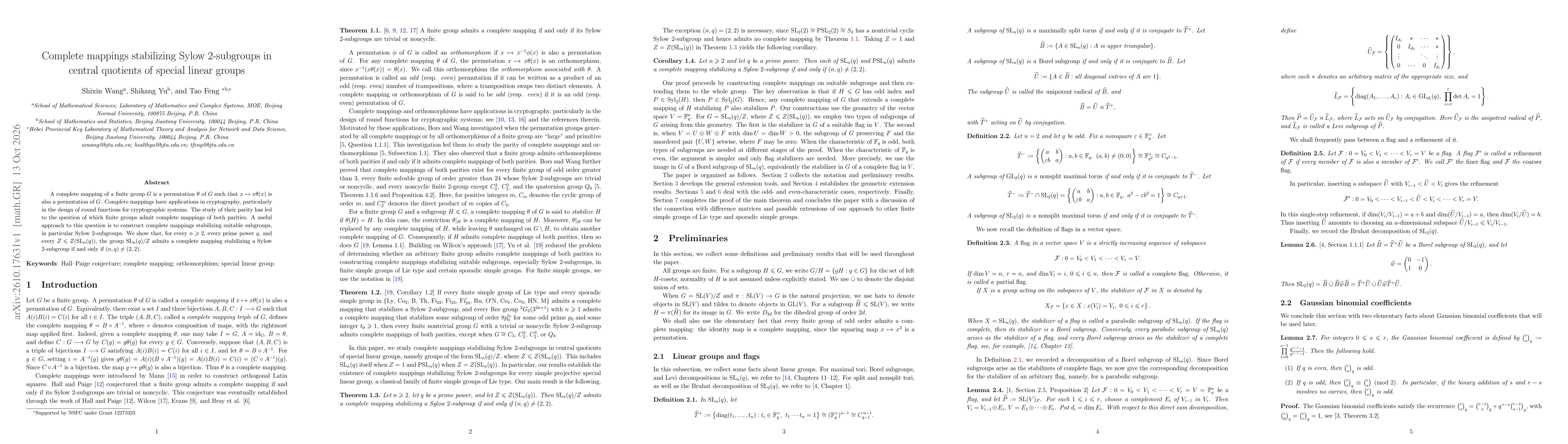 Thumbnail for Complete mappings stabilizing Sylow $2$-subgroups in central quotients of special linear groups