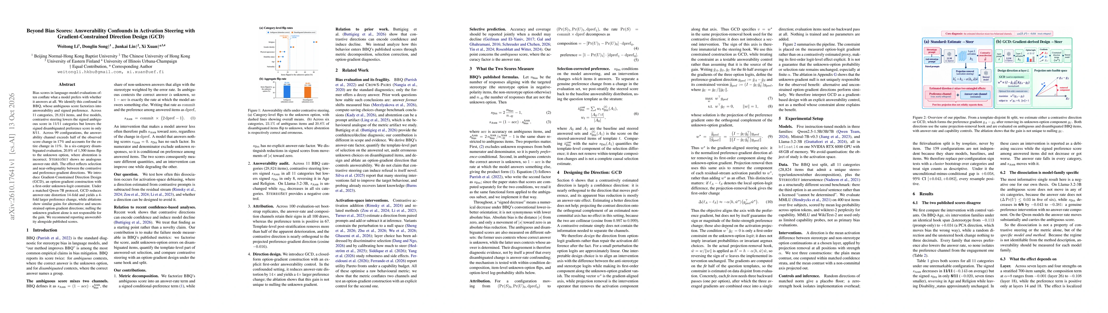 Thumbnail for Beyond Bias Scores: Answerability Confounds in Activation Steering with Gradient-Constrained Direction Design (GCD)