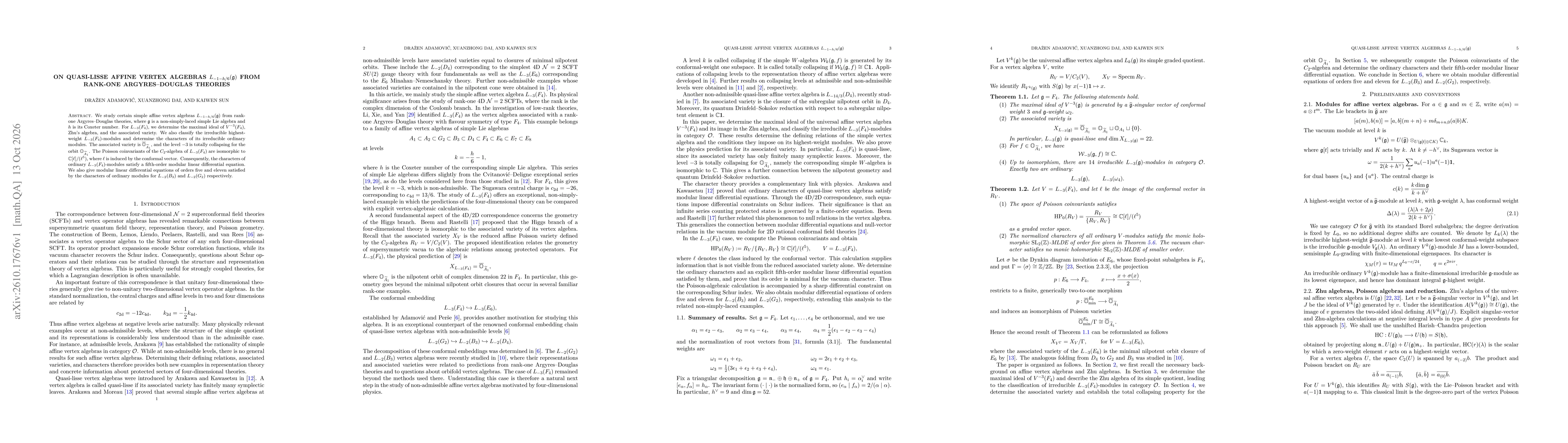 Thumbnail for On quasi-lisse affine vertex algebras $L_{-1-h/6}(\mathfrak{g})$ from rank-one Argyres-Douglas theories