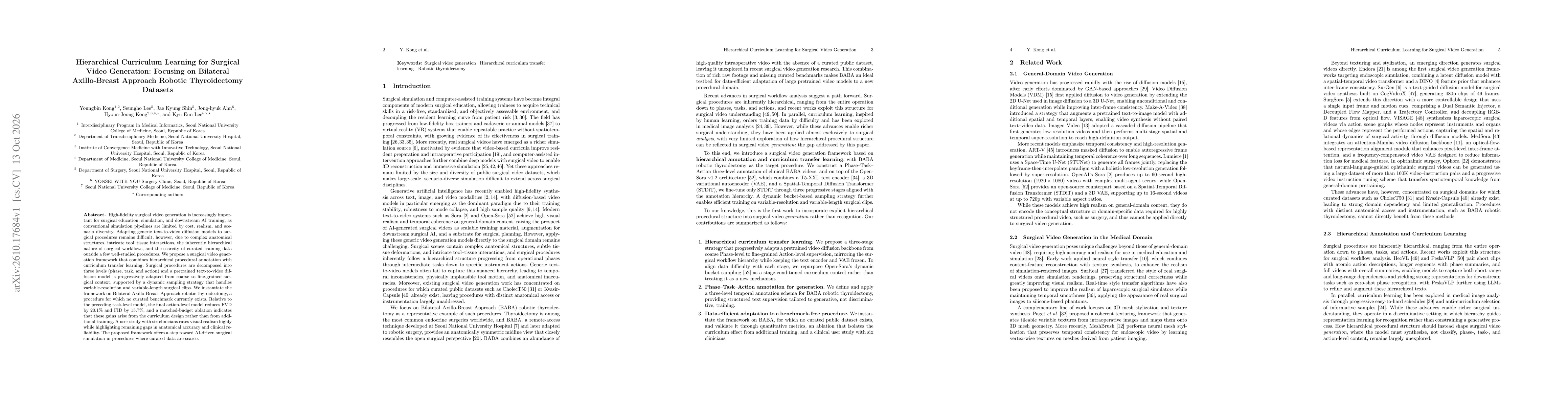Thumbnail for Hierarchical Curriculum Learning for Surgical Video Generation: Focusing on Bilateral Axillo-Breast Approach Robotic Thyroidectomy Datasets
