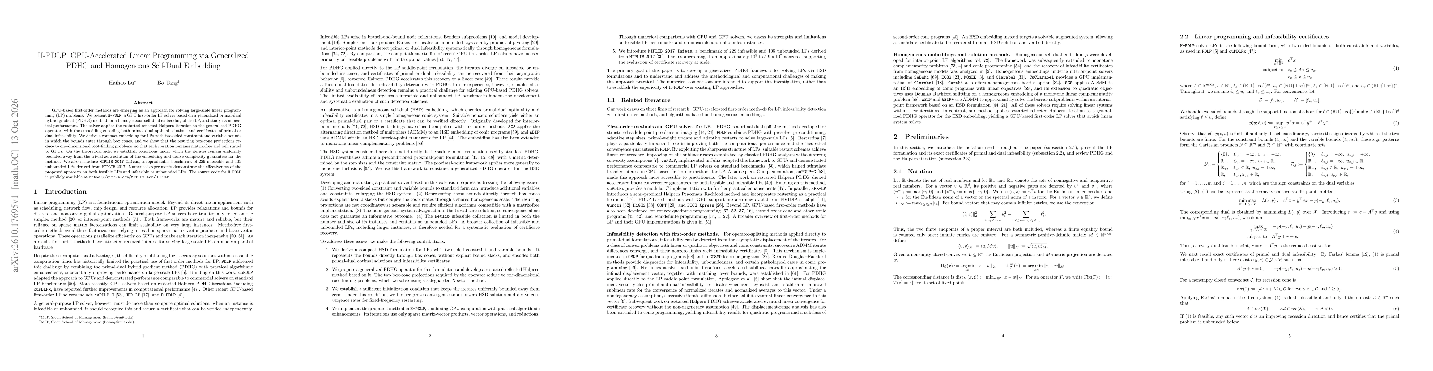 Thumbnail for H-PDLP: GPU-Accelerated Linear Programming via Generalized PDHG and Homogeneous Self-Dual Embedding