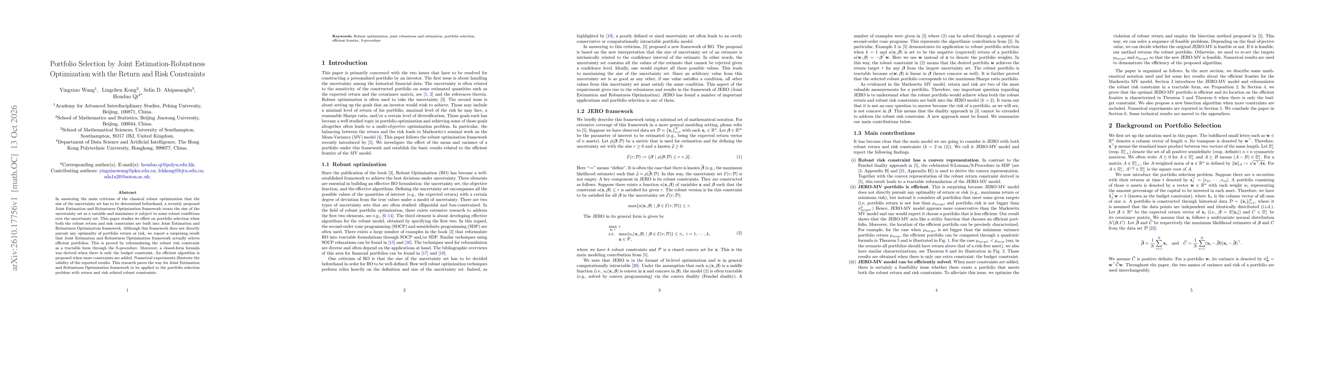 Thumbnail for Portfolio Selection by Joint Estimation-Robustness Optimization with the Return and Risk Constraints