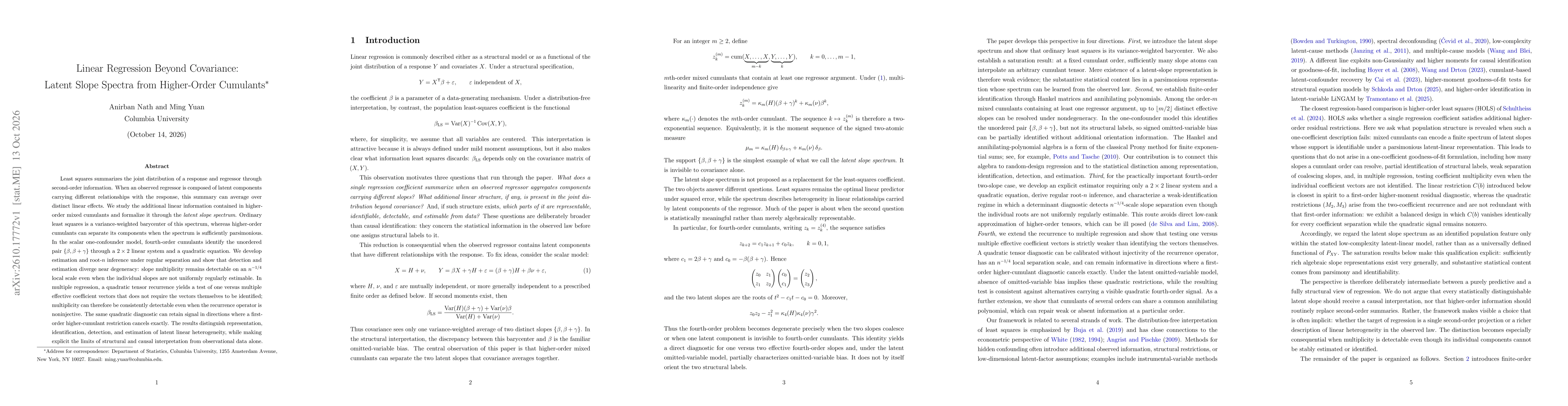 Thumbnail for Linear Regression Beyond Covariance: Latent Slope Spectra from Higher-Order Cumulants