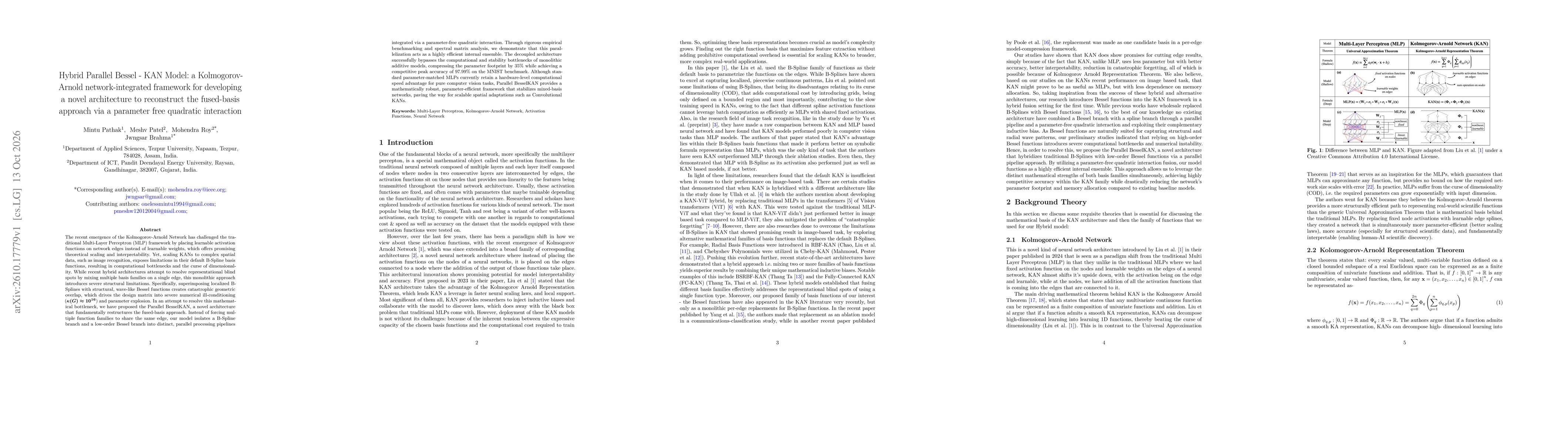 Thumbnail for Hybrid Parallel Bessel KAN Model: a Kolmogorov Arnold Network: integrated framework for developing a novel architecture to reconstruct the fused-basis approach via a parameter free quadratic interaction