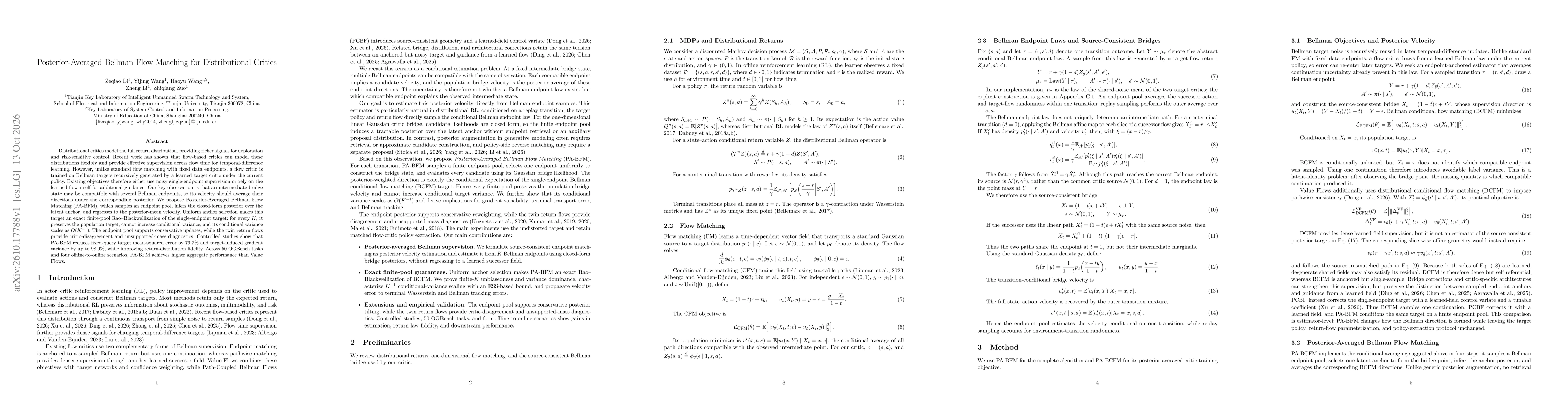 Thumbnail for Posterior-Averaged Bellman Flow Matching for Distributional Critics