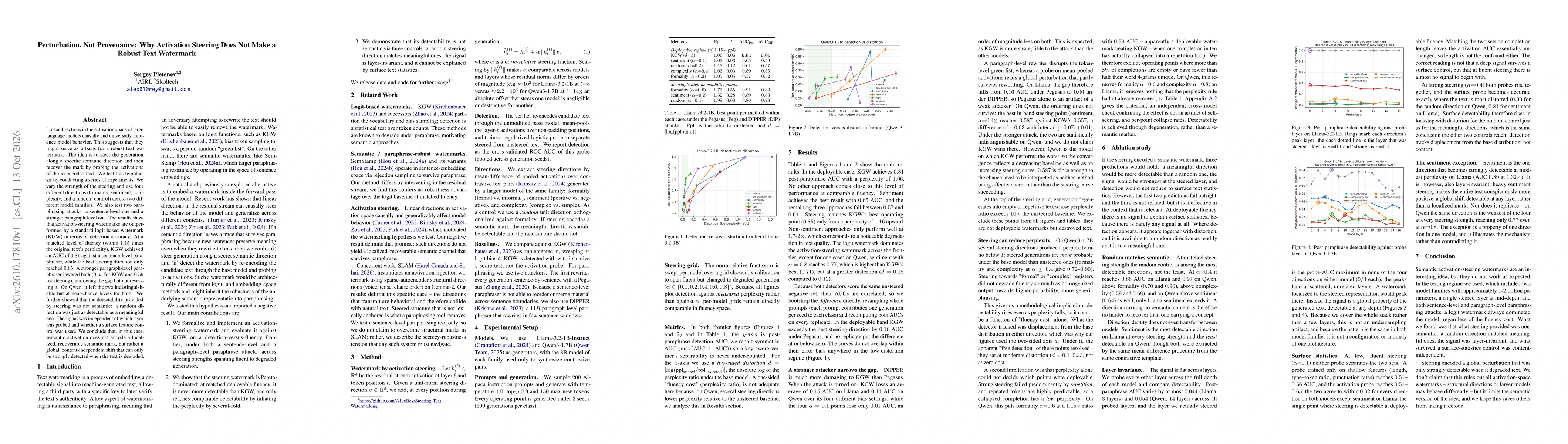 Thumbnail for Perturbation, Not Provenance: Why Activation Steering Does Not Make a Robust Text Watermark