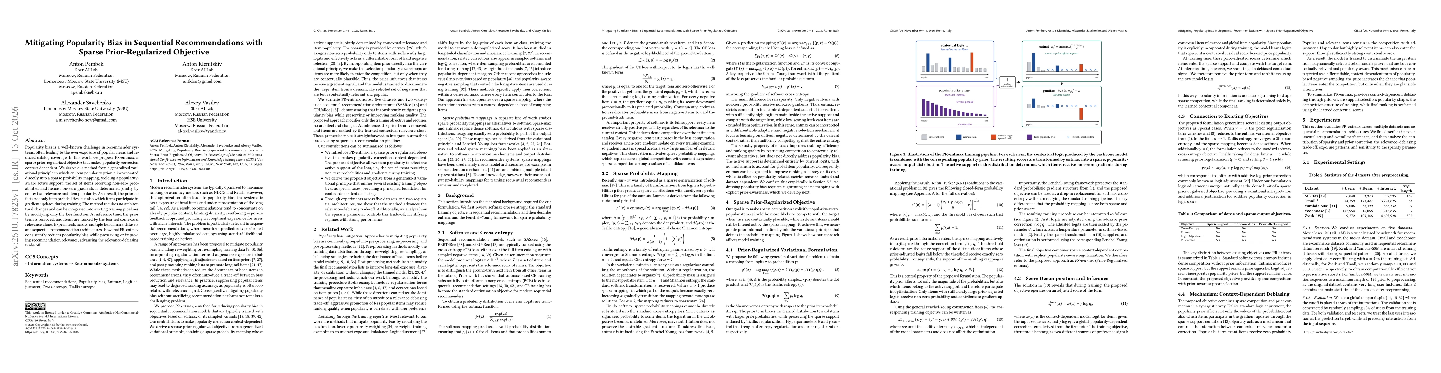 Thumbnail for Mitigating Popularity Bias in Sequential Recommendations with Sparse Prior-Regularized Objective