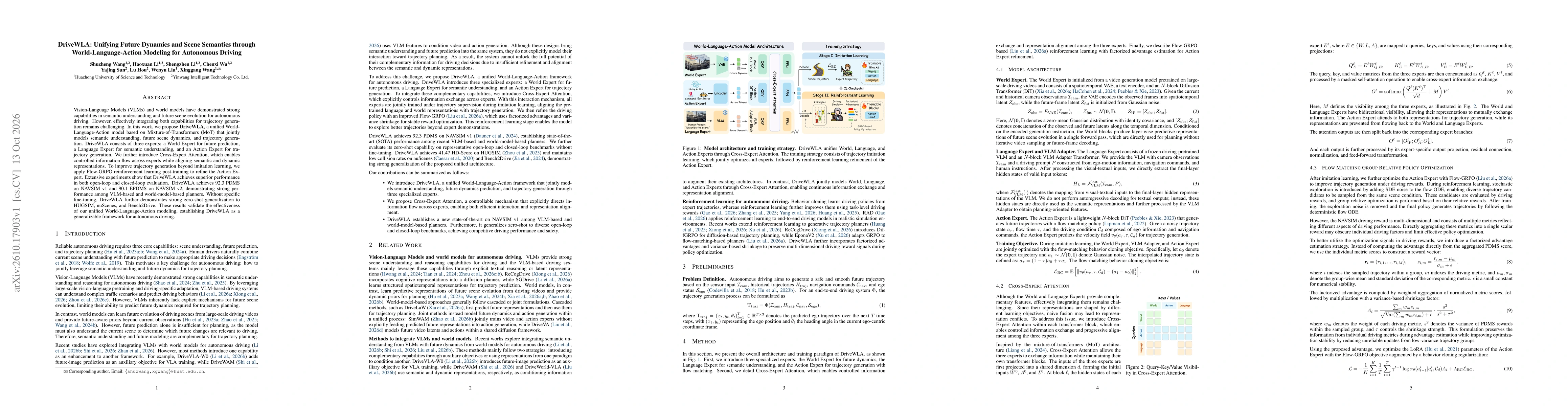 Thumbnail for DriveWLA: Unifying Future Dynamics and Scene Semantics through World-Language-Action Modeling for Autonomous Driving