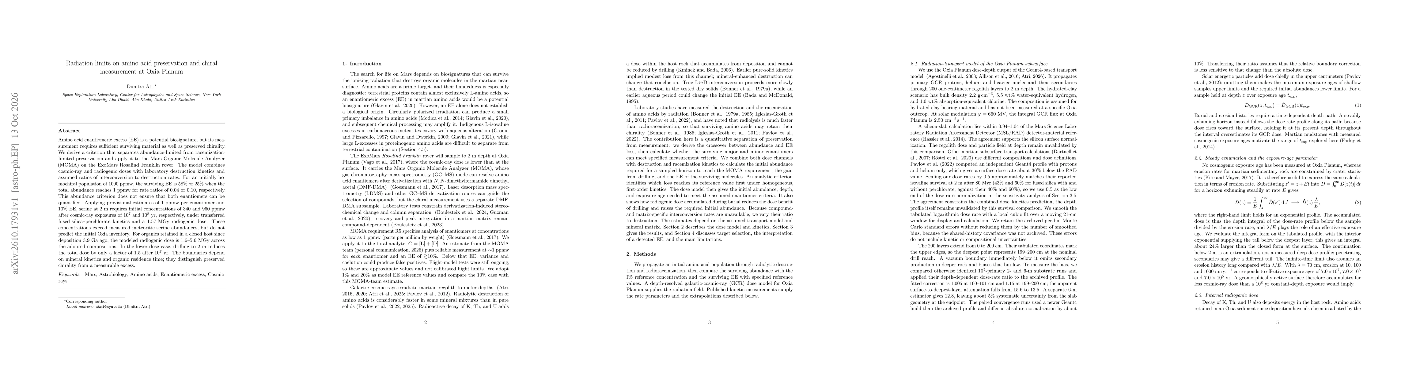 Thumbnail for Radiation limits on amino acid preservation and chiral measurement at Oxia Planum