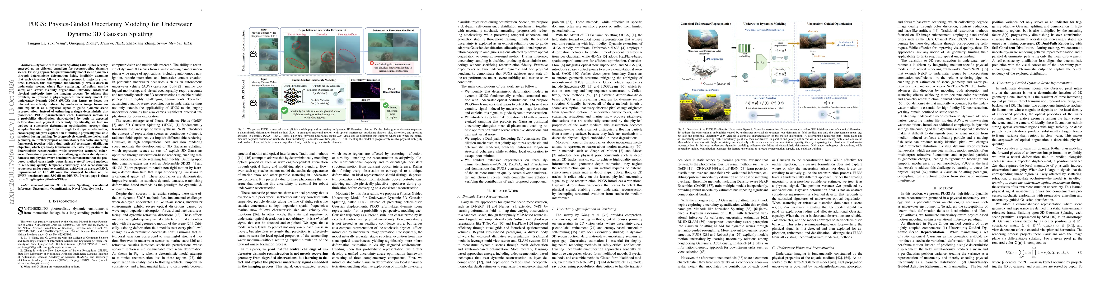 Thumbnail for PUGS: Physics-Guided Uncertainty Modeling for Underwater Dynamic 3D Gaussian Splatting