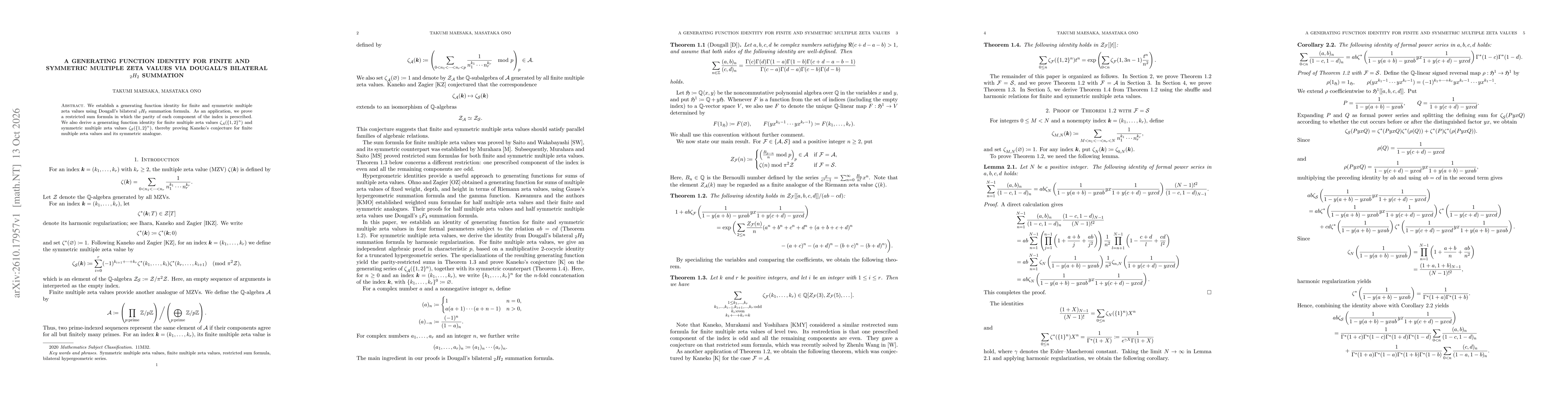 Thumbnail for A generating function identity for finite and symmetric multiple zeta values via Dougall's bilateral ${}_2H_2$ summation