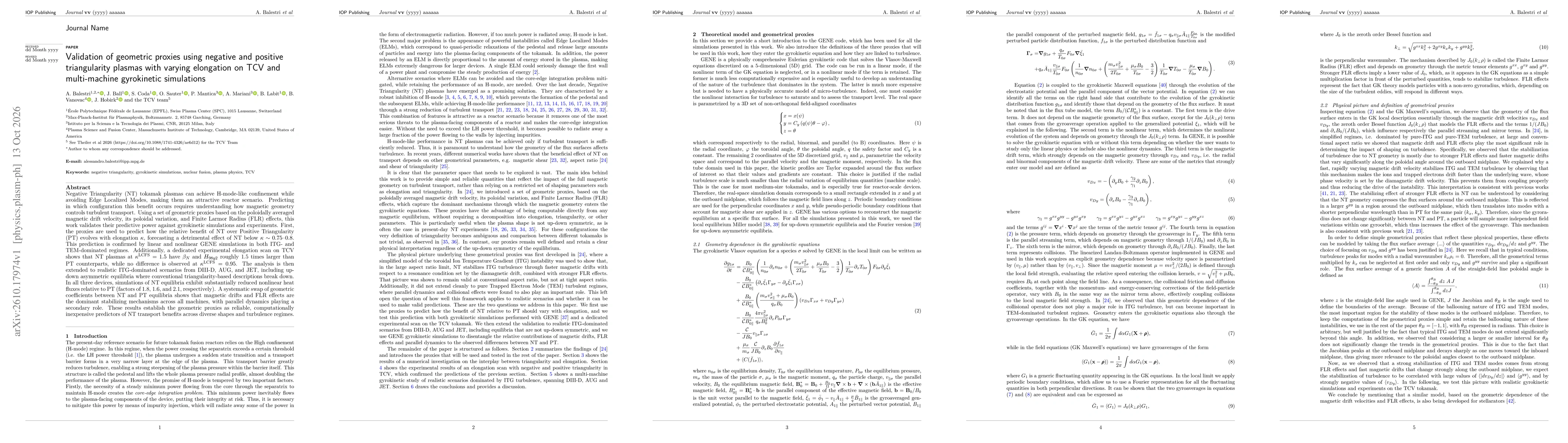 Thumbnail for Validation of geometric proxies using negative and positive triangularity plasmas with varying elongation on TCV and multi-machine gyrokinetic simulations