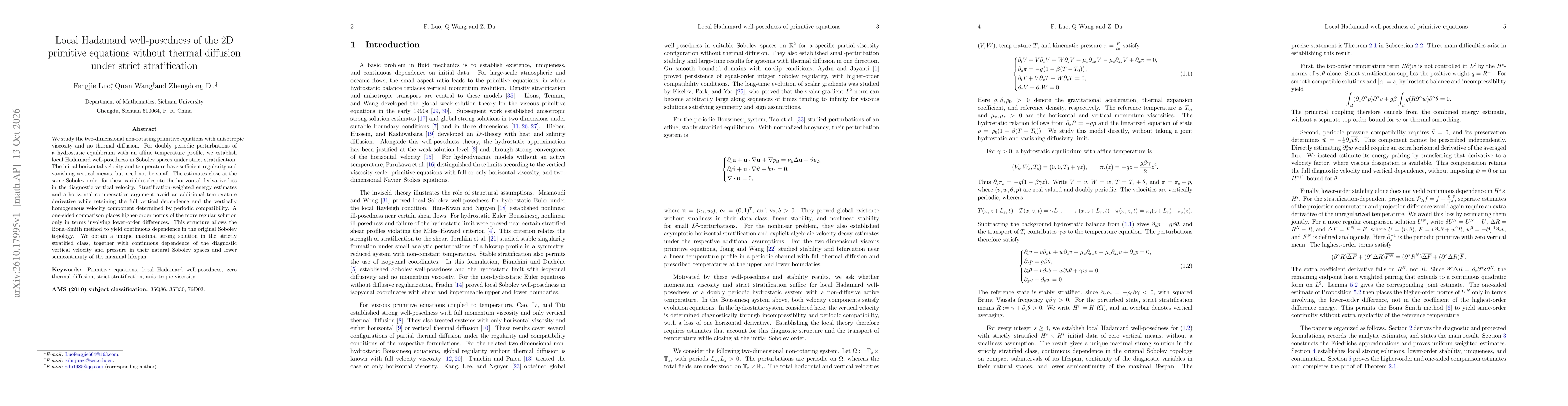 Thumbnail for Local Hadamard well-posedness of the 2D primitive equations without thermal diffusion under strict stratification