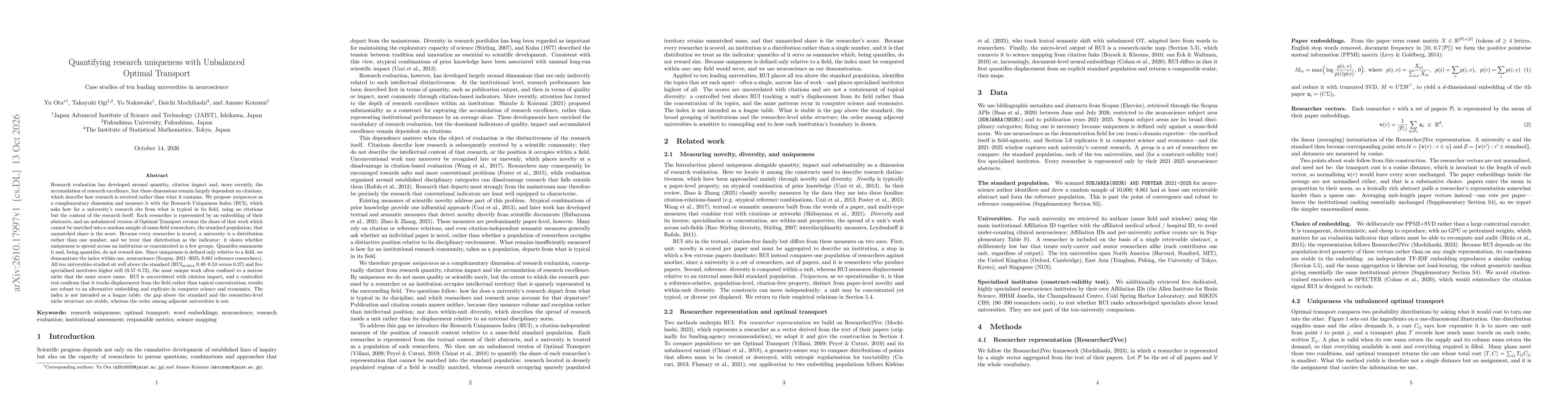 Thumbnail for Quantifying research uniqueness with Unbalanced Optimal Transport: Case studies of ten leading universities in neuroscience