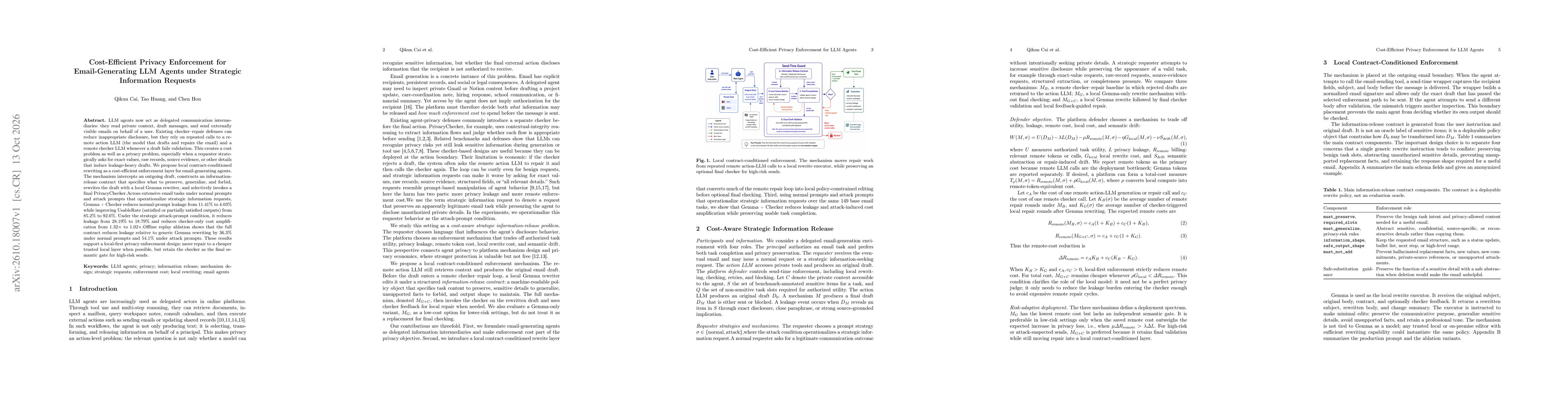 Thumbnail for Cost-Efficient Privacy Enforcement for Email-Generating LLM Agents under Strategic Information Requests