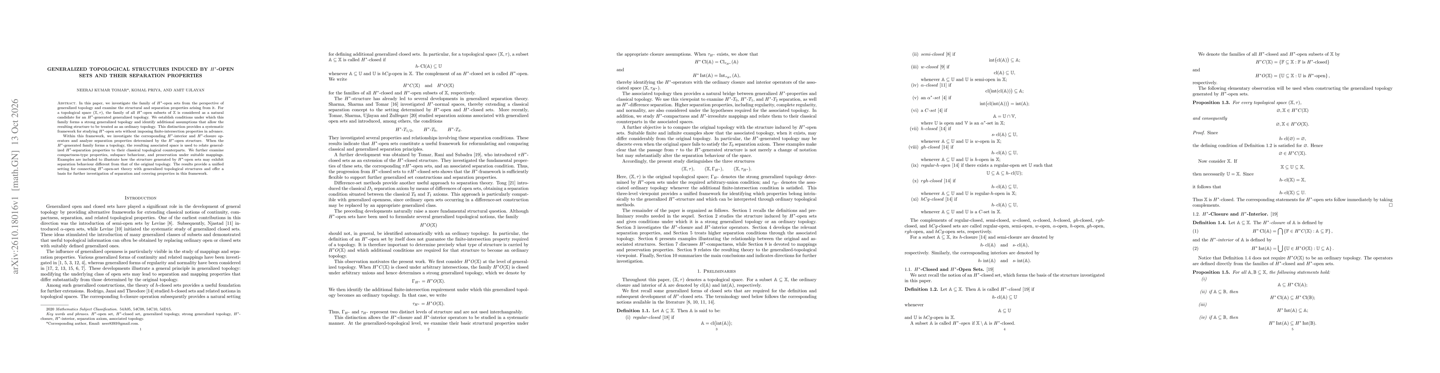 Thumbnail for Generalized Topological Structures Induced by $H^{*}$-Open Sets and Their Separation Properties