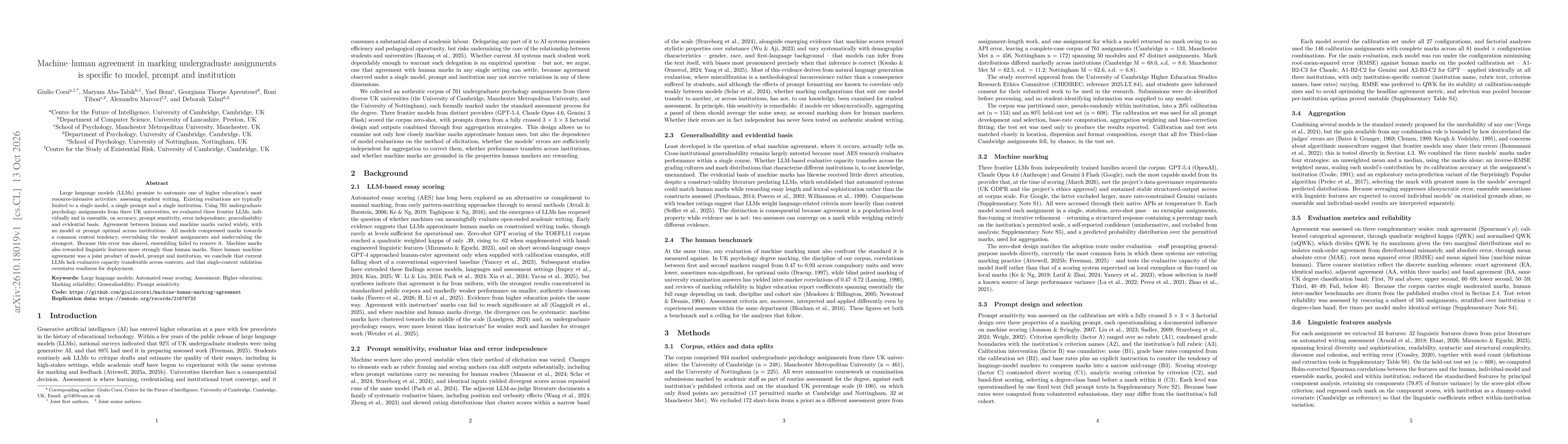 Thumbnail for Machine--human agreement in marking undergraduate assignments is specific to model, prompt and institution