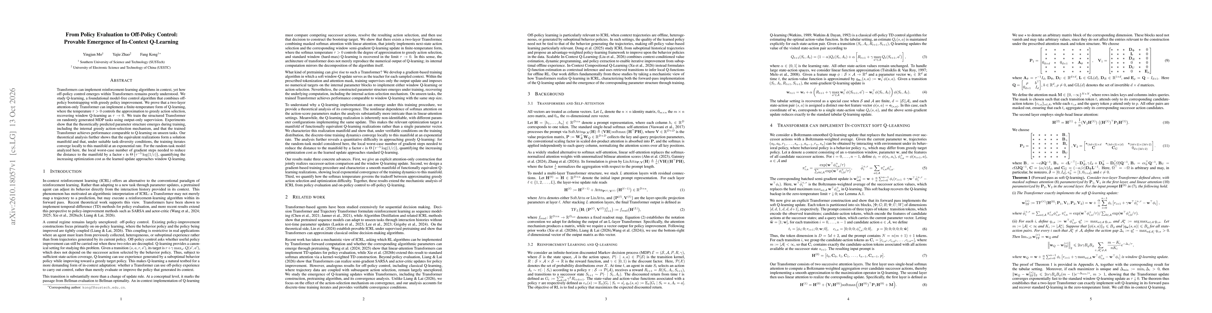 Thumbnail for From Policy Evaluation to Off-Policy Control: Provable Emergence of In-Context Q-Learning