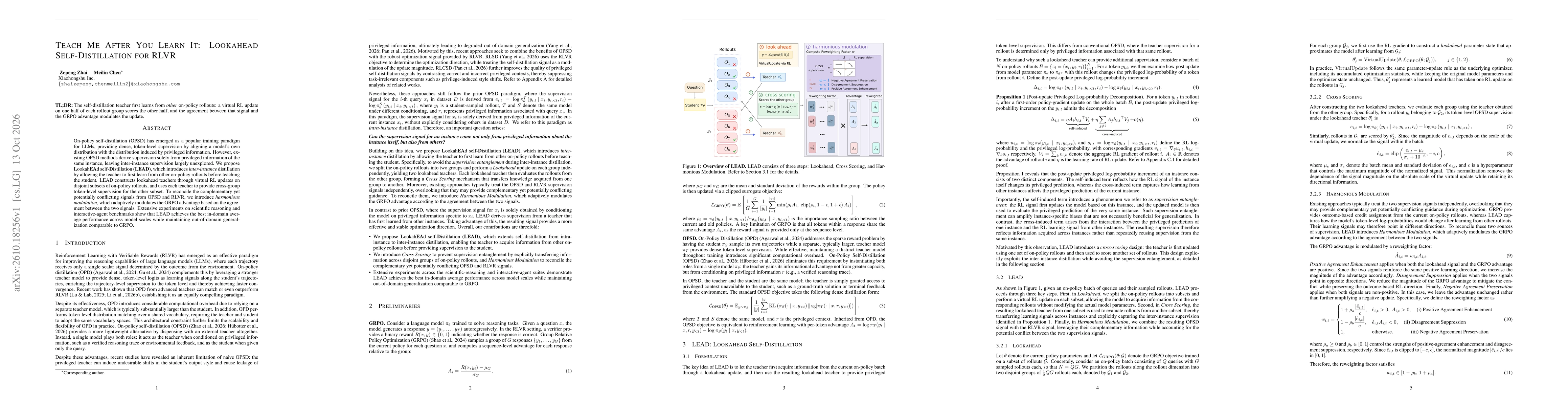 Thumbnail for Teach Me After You Learn It: Lookahead Self-Distillation for RLVR