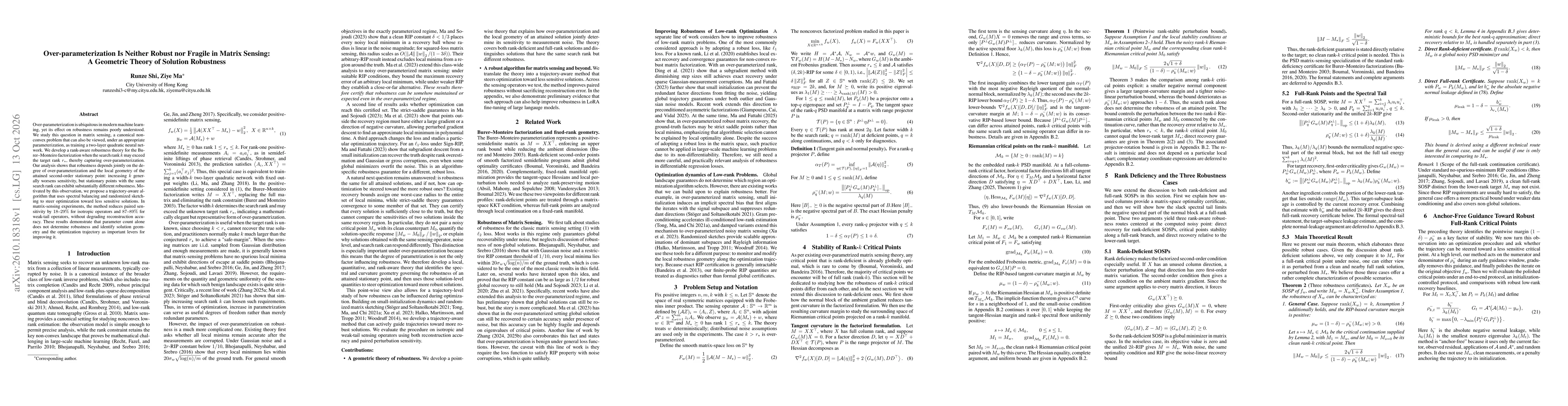 Thumbnail for Over-parameterization Is Neither Robust nor Fragile in Matrix Sensing: A Geometric Theory of Solution Robustness