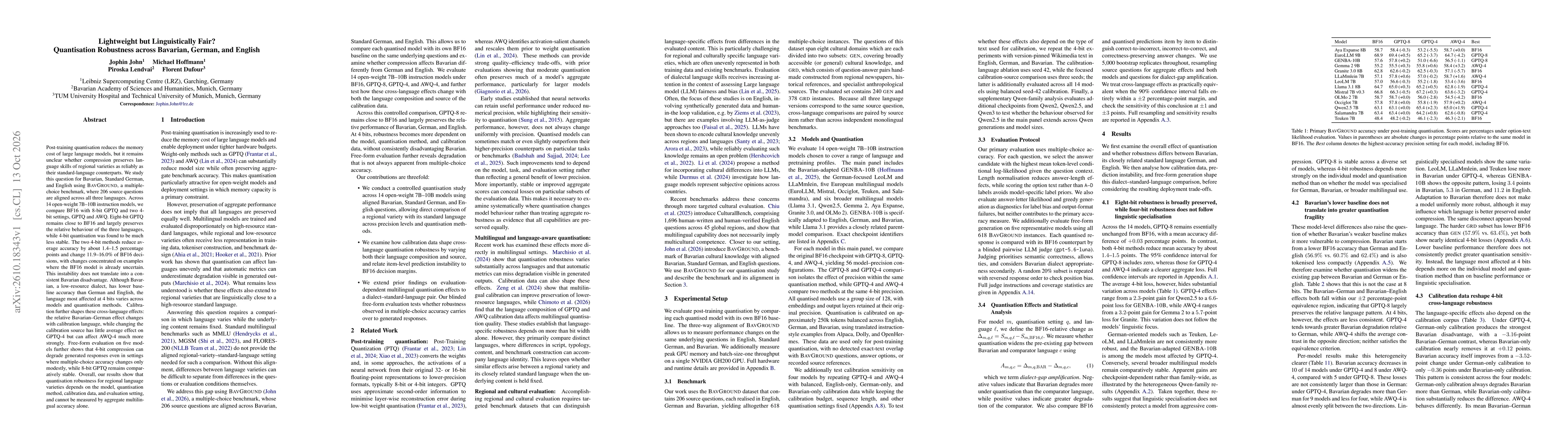 Thumbnail for Lightweight but Linguistically Fair? Quantisation Robustness across Bavarian, German, and English