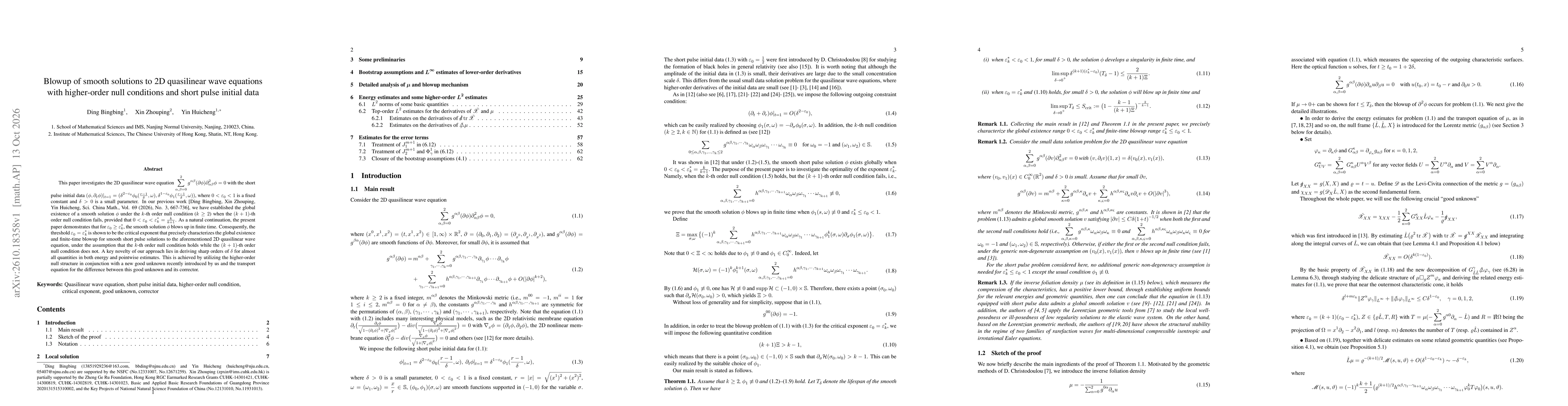 Thumbnail for Blowup of smooth solutions to 2D quasilinear wave equations with higher-order null conditions and short pulse initial data